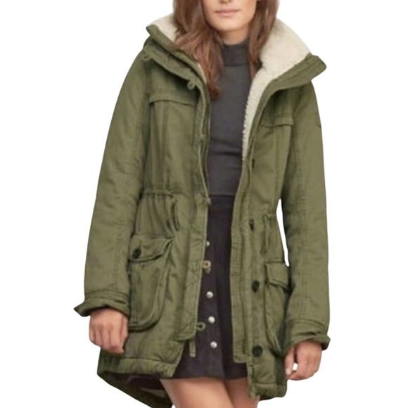 Abercrombie & Fitch Womens Sherpa Line Parka Hooded Coat S Army Green Chore Barn - Picture 1 of 13